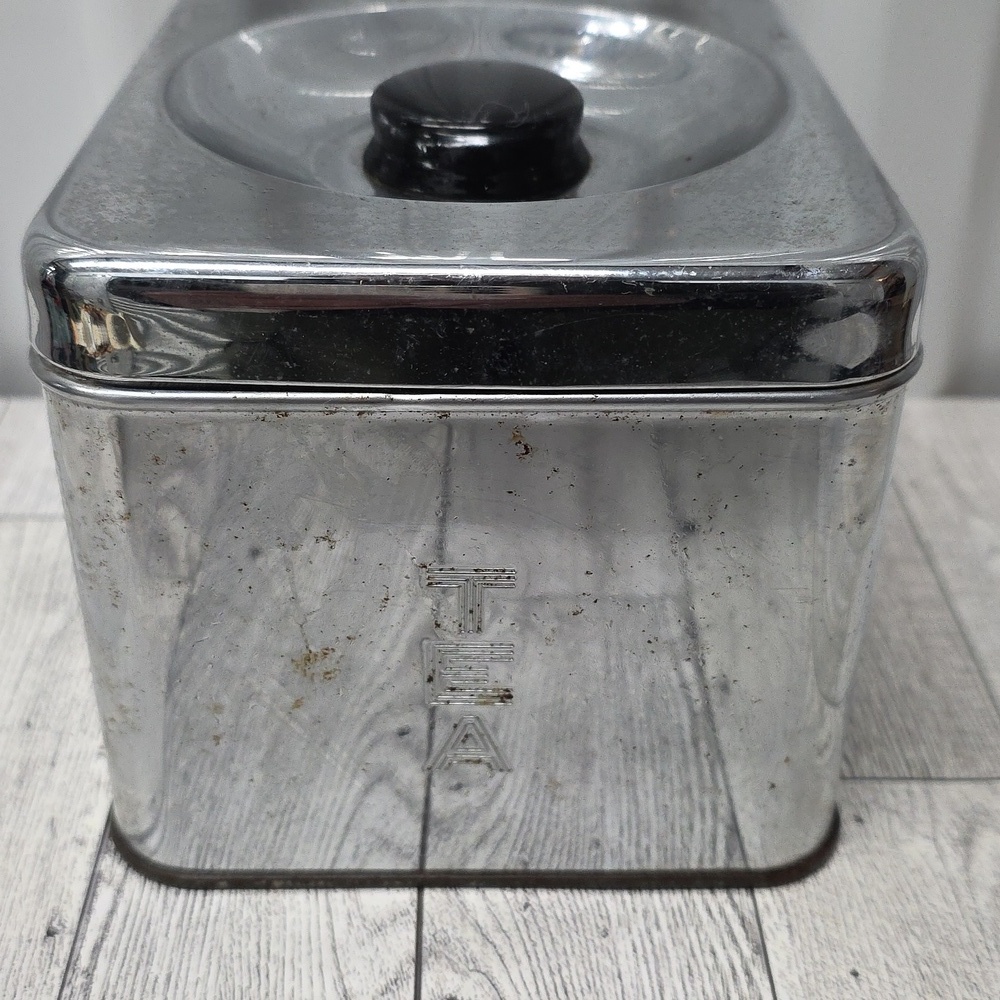Vinatge Lincoln Beautyware Stainless Steel Tea Canister with Black Lid